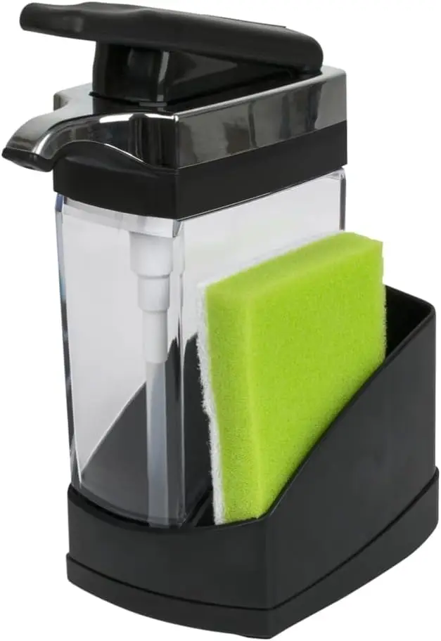 

2-in-1 Soap and Sponge Caddy, One-Hand Dispensing, Ergonomic Design, Easy Refill and Clean, Efficient Size for Kitchen Sink