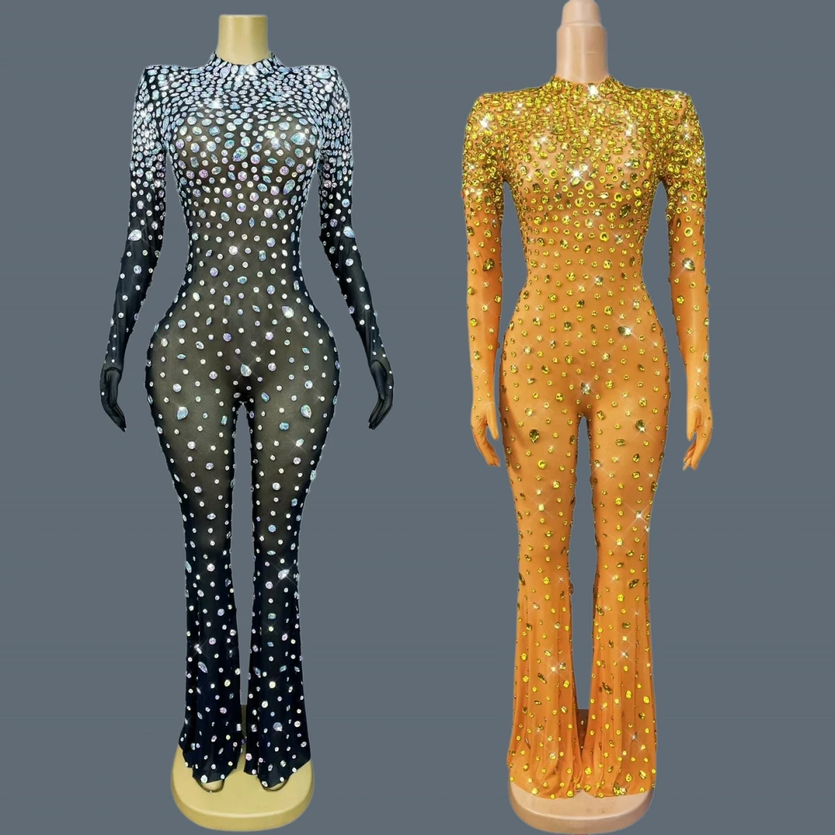 Luxury Sparkly Full Crystals Tight Fitting Jumpsuit Nightclub Singer Dance Stage Party Show Sexy Attractive Outfit Dashuijing