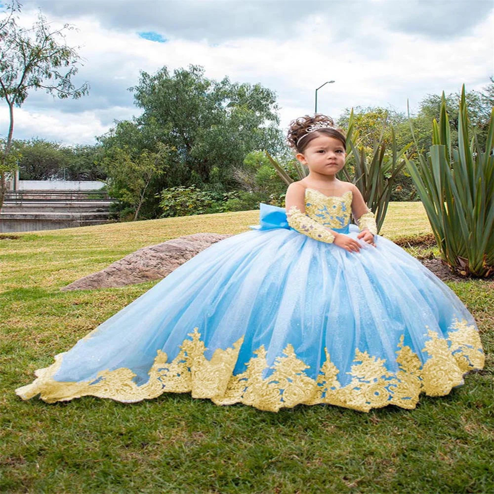 Blumenmädchenkleider mit goldener Spitze und Applikation für die Hochzeit, volle Ärmel, Prinzessin-Erstkommunionkleid, langes Geburtstagsparty-Kleid für Kleinkinder