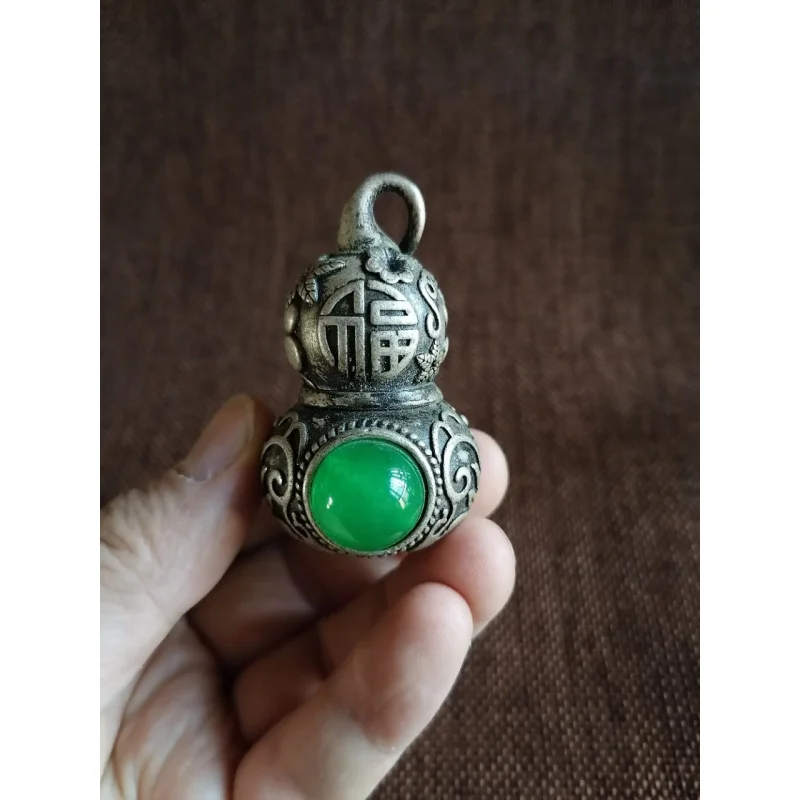 

Inlaid Green Agate Object Old Silver Gourd Pendant Accessories