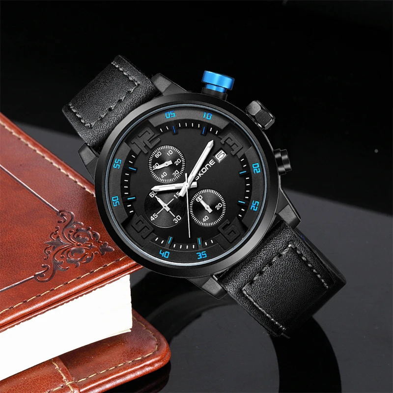 SKONE Sports waterproof fashion multifunctional timing leather trendy men's quartz watch