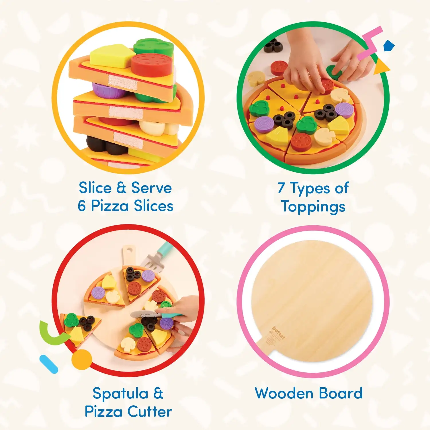 Pizza by The Slice Set plastique 7 garnitures multicolores et planche en bois, jouets pour tout-petits et préscolaires