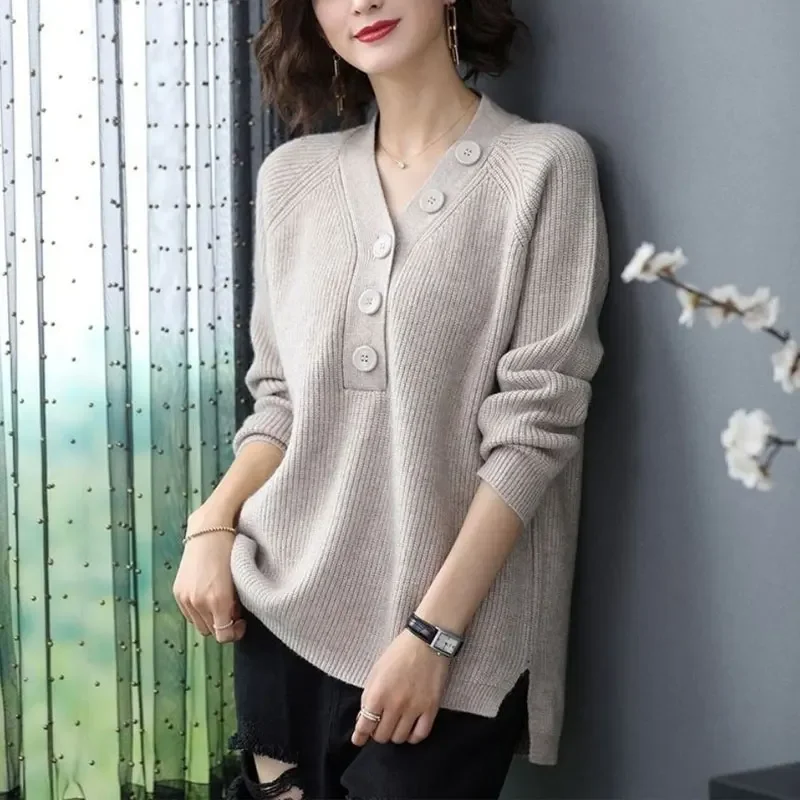 

Female Clothing Solid Color Knitted Jumpers Casual V-Neck Button Winter Long Sleeve Stylish Split Korean Loose Sweaters PH206