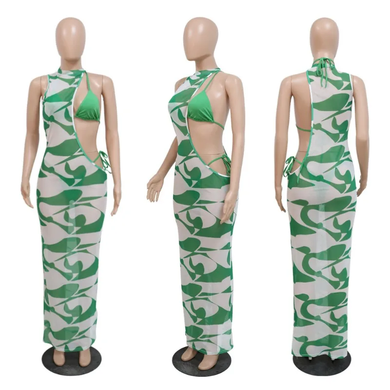 KEXU Women Fashion Print Mesh See Through Bodycon Midi Maxi Dress with Bikinis Set 2025 Summer Holiday Sheer Sexy Beach Dresses