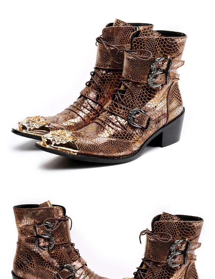 Herren Maßgefertigte Schlangenleder-Stiefel mit Nieten, Mittelhoch, Spitze Zehenkappe, Luxuriöser Singer-Modell-Stil, Bar-Party, Persönlichkeit, Herbstschuhe – Detail 24