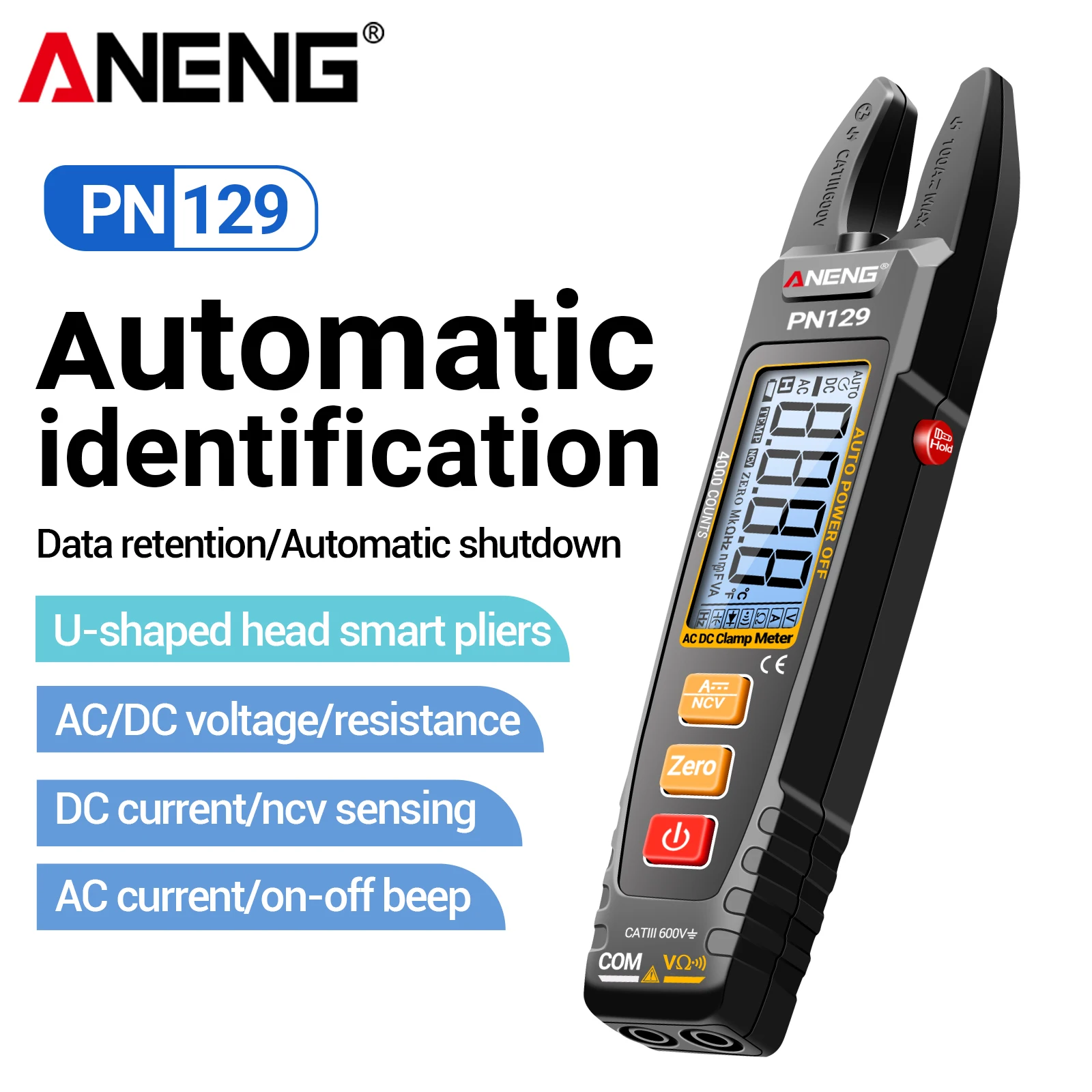 

Цифровой токоизмерительный мультиметр ANENG PN129, 600В, 100А, с автоматическим выбором диапазона, NCV, фонариком, 4000 измерений