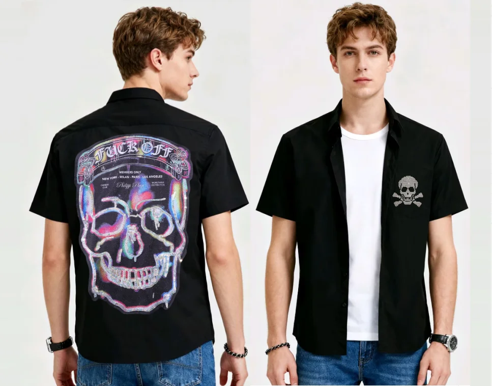 

Men's Skull Printed Short Sleeve Shirt with Slim Fit and Sparkling Rhinestones Ideal for Summer Casual shirts