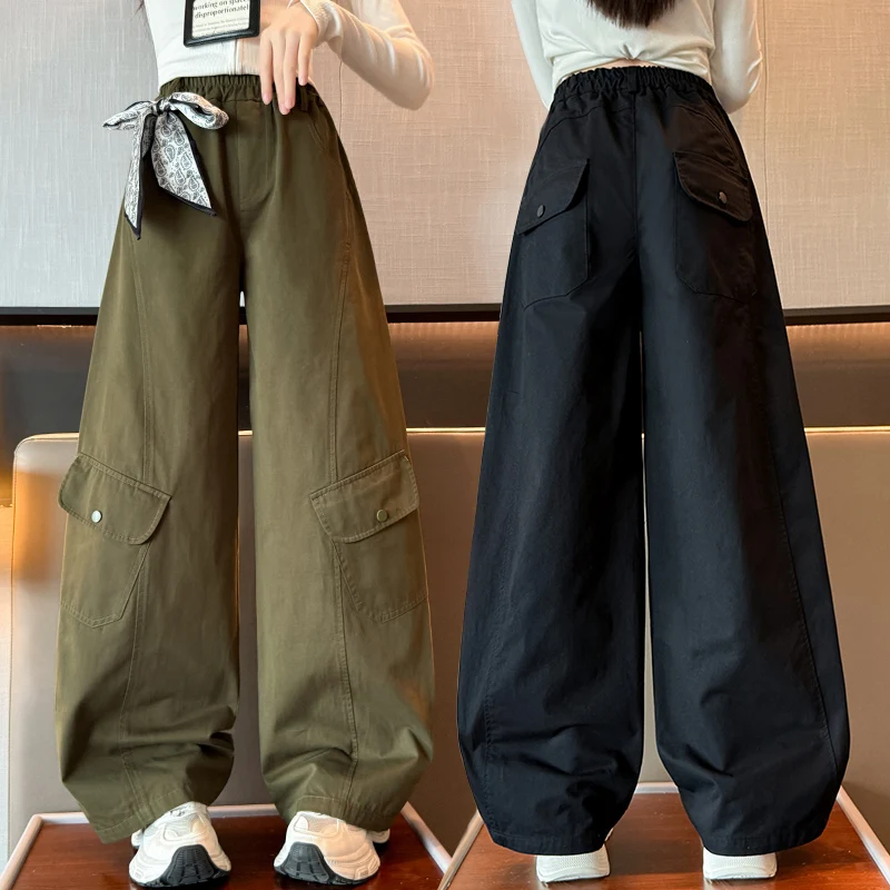

New Autumn School Kids Casual Cargo Pants with Bow for Teen Girls Stylish Straight Leg Trousers Children High Street Sweatpants