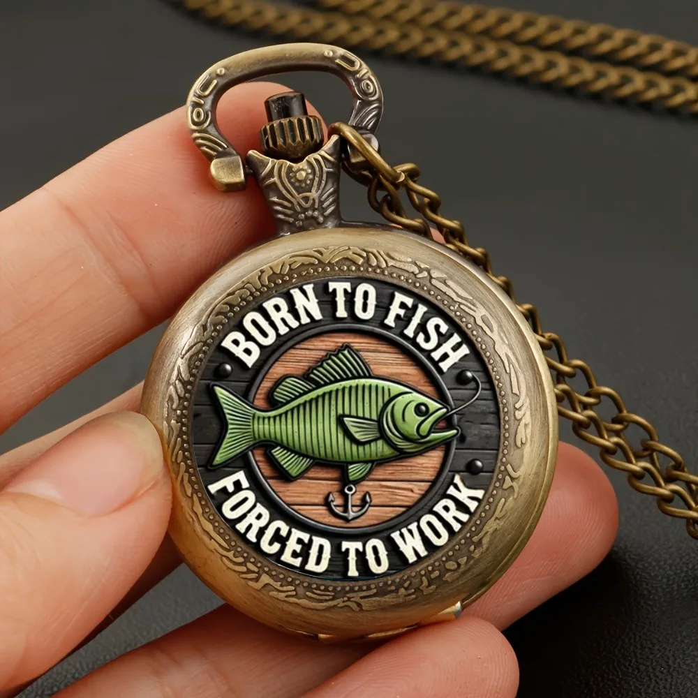 Exquisite BORN TO FISH Pattern Design Quartz Pocket Watch with Pendant Chain - World Time Feature, Great Gift for Men and Teens