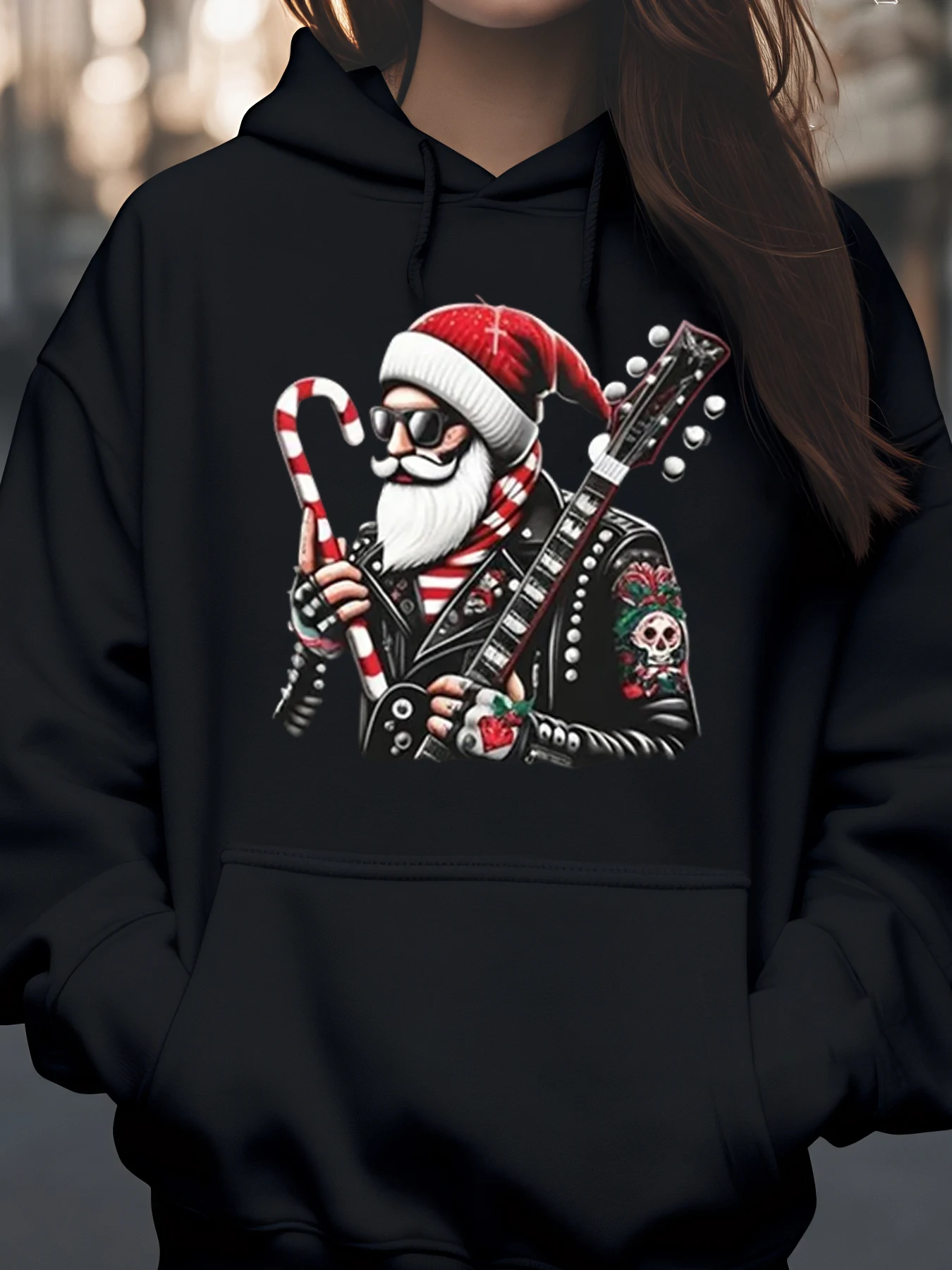 Santa Rocker Guitar Candy Cane Sudadera con capucha navideña Ropa casual Unisex