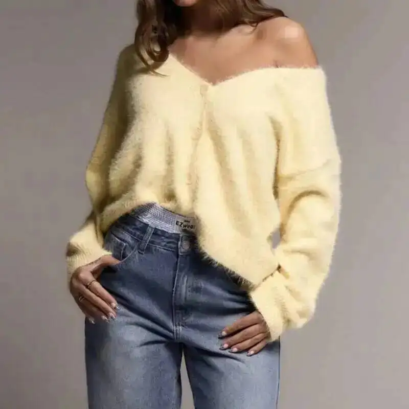 Autumn Faux 2025 Mink Cardigan Sweater For Women Lazy Style Loose V Collar Soft Long Sleeve Knitted Clothing 2PITN
