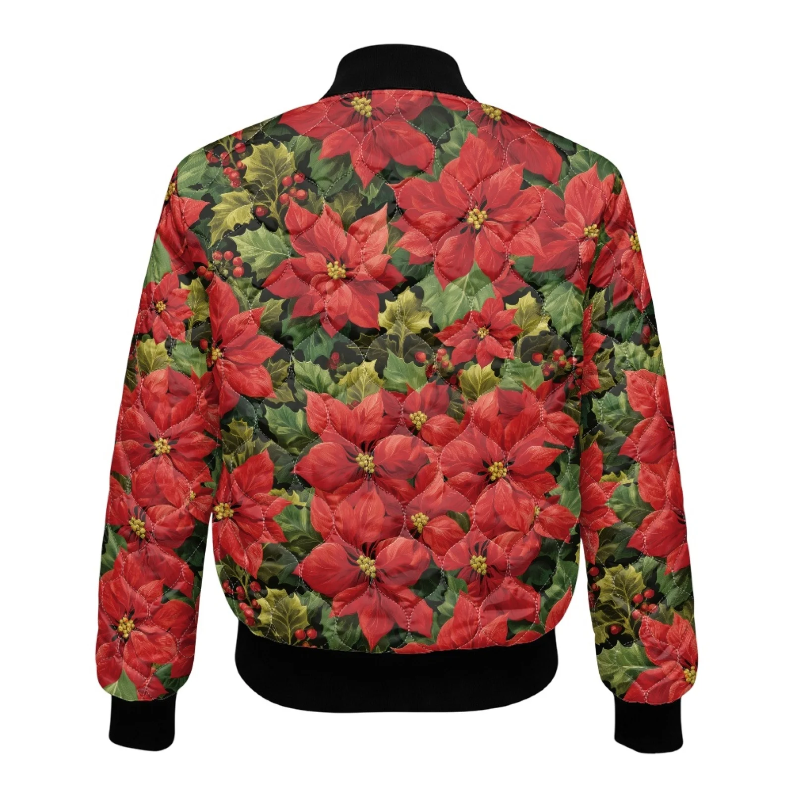 PENSTROLL Poinsettia Print Ladies Long Sleeve Padded Bomber Outerwear for Daily Wear Water-Resistant Button down Coats