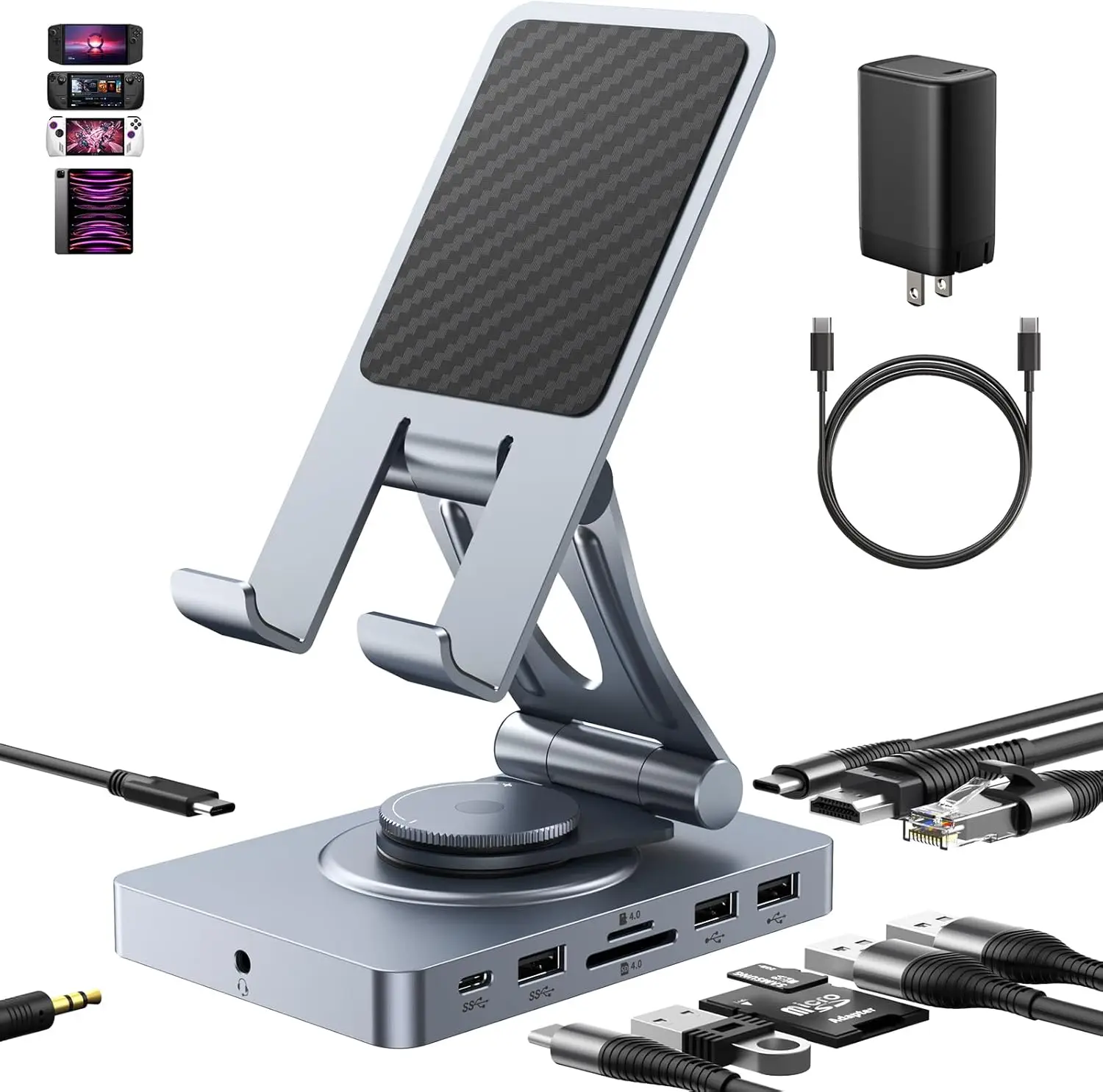 Estación de acoplamiento USB C 11 en 1 para iPad, tableta, Steam Deck con HDMI 4K, lector SD, adaptador de 65W