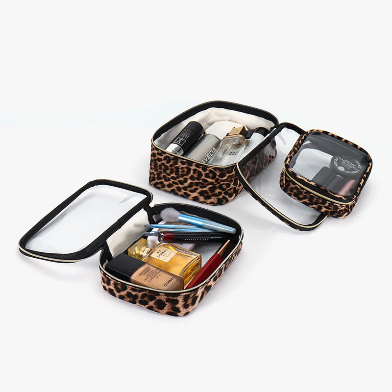 Waterproof Large Capacity Leopard Print Clear Makeup Bag Portable Travel Toiletries Storage Cosmetic Organizer with Zipper