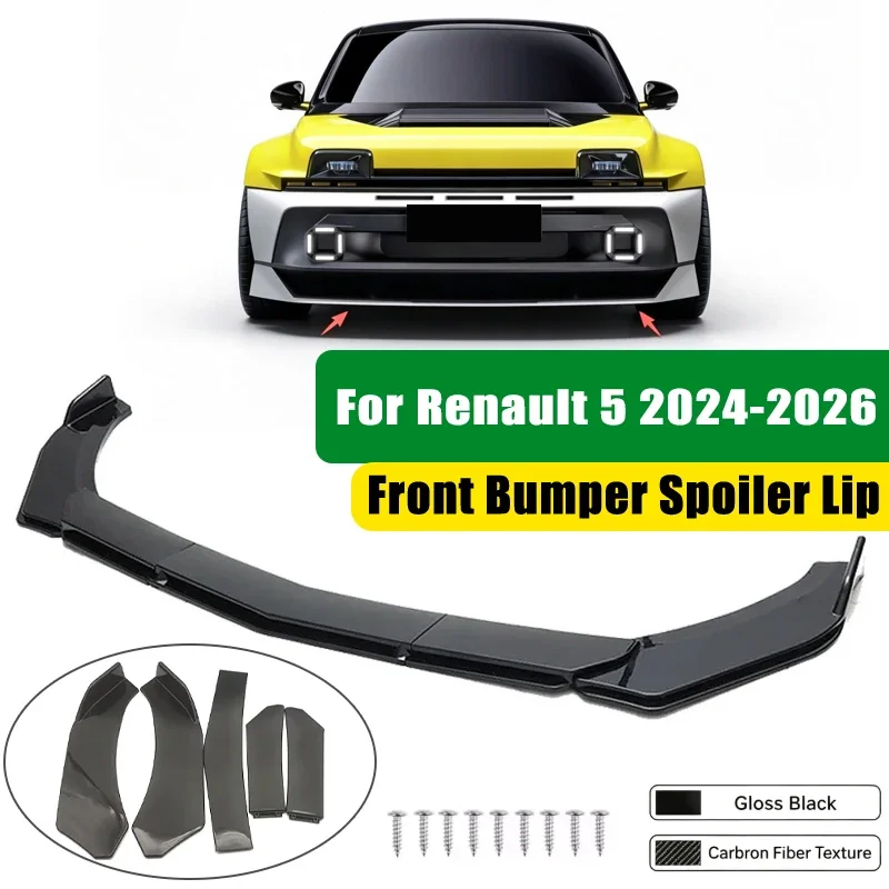 For Renault 5 E-Tech 2024-2026 5Pcs ABS Car Front Bumper Lip Spoiler Splitter Body Kit Canard Tuning Accessories