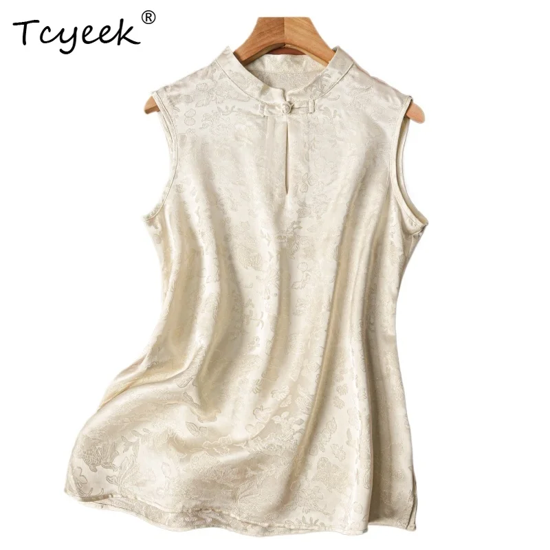 

Tcyeek 100% Real Mulberry Silk Summer Thin National Style Sleeveless Vest Stand Up Collar Solid Color Women T-shirts Топ Женский