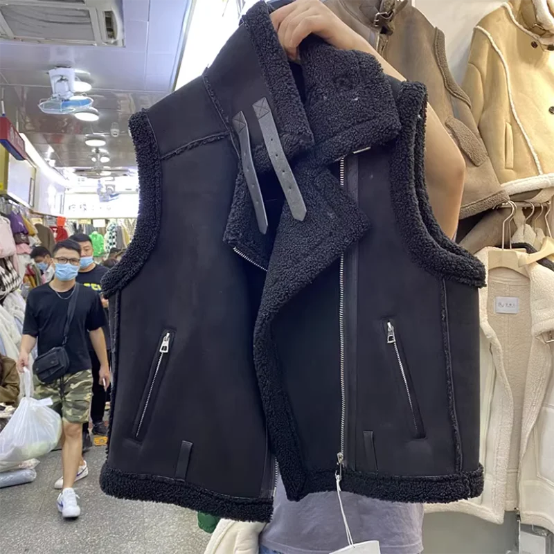 Elegant Women Thick Warm Zipper Vests Female Faux Leather Lambswool Patchwork Sleeveless Chic Casual Vest Outwear Autumn2025