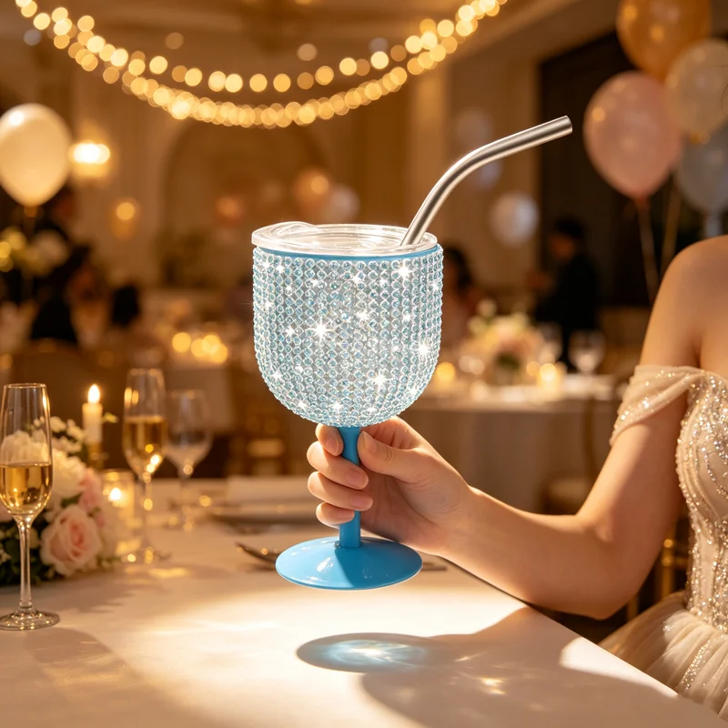 White Bling Rhinestone Stemmed Wine Goblet with Lid & Stainless Steel Straw Glitter Drinking Cup for Women Party Wedding Gift