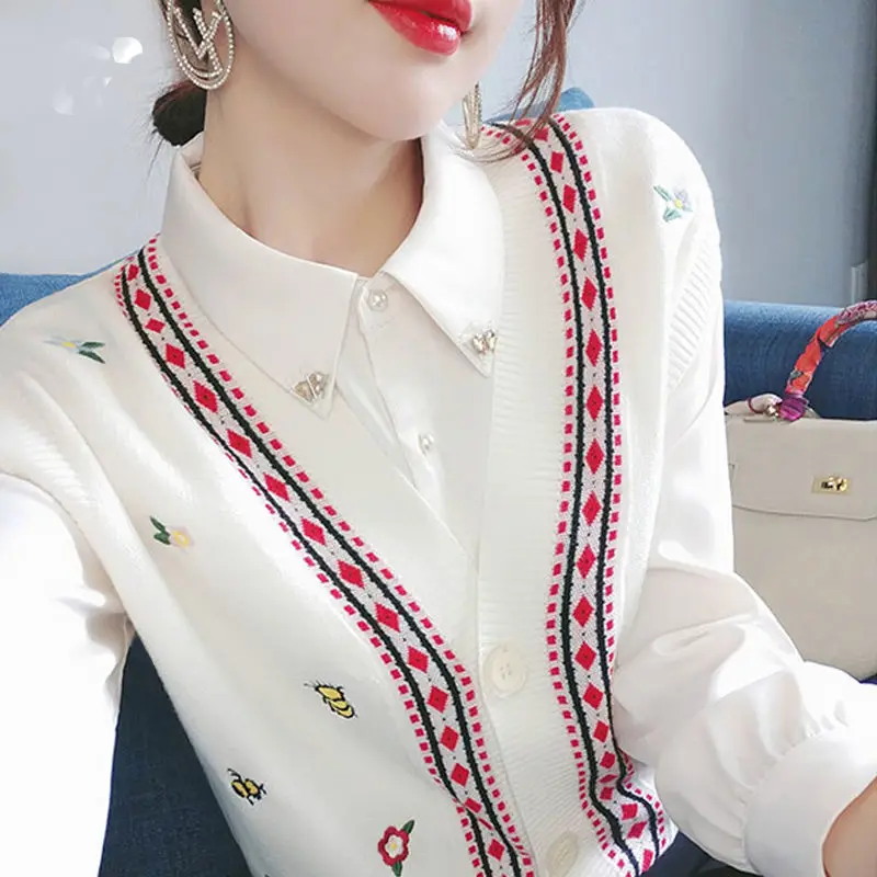 2023 Autumn and Winter Contrast Polo Neck Long Sleeve Embroidery Single Breasted Fake Two Pieces Korean Fashion Casual Tops