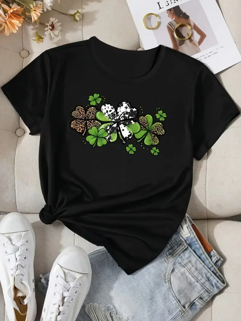 Lucky Clover Print Graphic T-Shirt Summer Women's Funny Fashion Harajuku Short sleeve Casual Round Neck clothes Street dressing