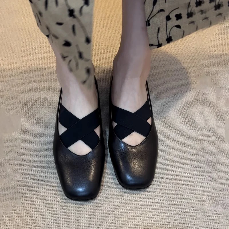 Women Ballet Shoes Spring Autum Genuine Leather Flats Square Toe Slip-On Ladies Shoes Dress Prom Career Vintage Shoes