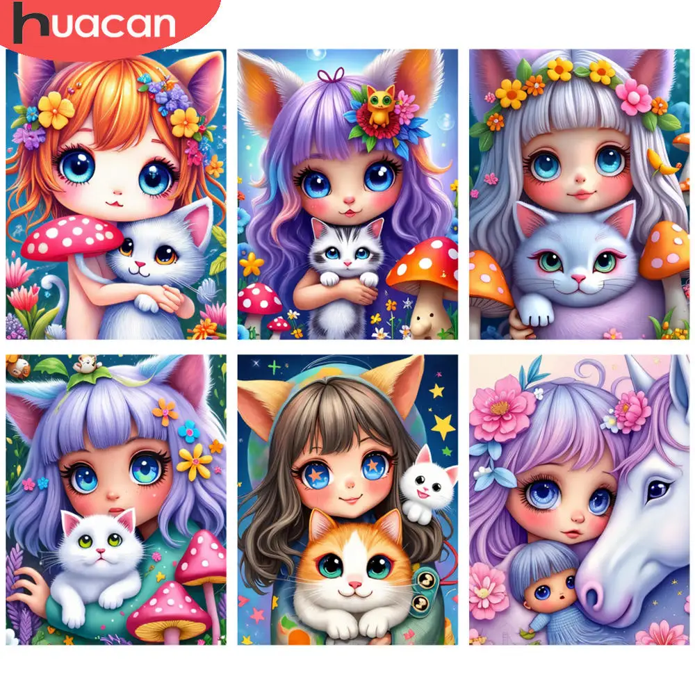 

HUACAN Full Kits Diamond Painting Whimsical Cat Girl Flower Fantasy Rhinestone 5D DIY Art Mosaic Home