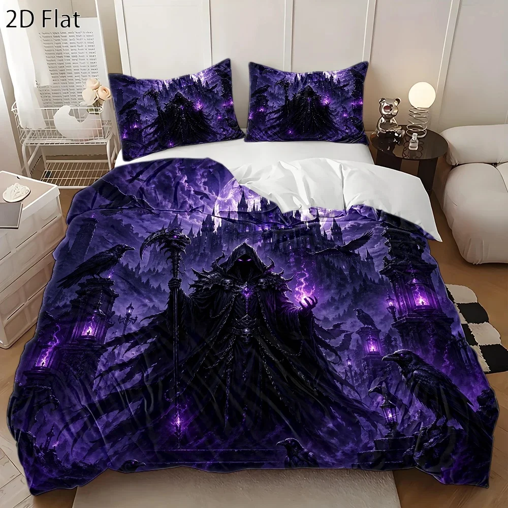 3Pc Dark Fantasy Castle Wizard Crow Theme Duvet Cover Set, Three-Piece Bedding Set (1 Duvet Cover + 2 Pillowcases), Suitable for All Seasons, Machine Washable, Invisible Zipper Design, Large Double Bed Cover Set, Suitable for Home, Dormitory, Master Bedroom, Guest Room, Gothic Style Mysterious Purple and Black Bedding, Visually Stunning Bedroom Decor, Hot-Selling Fantasy Style Duvet Cover Set