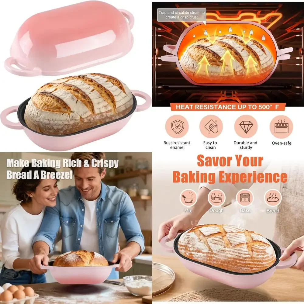 

5-Quart Pink Enamel Cast Iron Sourdough Bread Pan with Lid, Oval Dutch Oven for Homemade Bread Baking