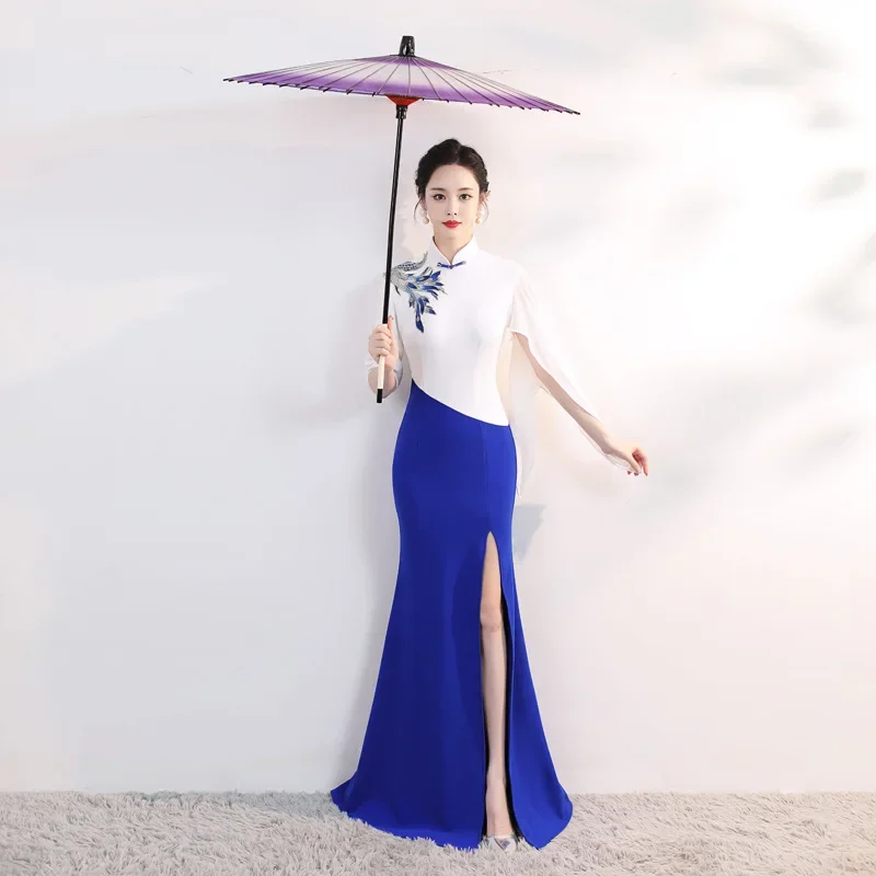 

Sexy White Blue Female Cheongsam Elegant Applique Dress Gown Temperament Mandarin Collar Maxi Vestidos Fairy Trumpet Qipao