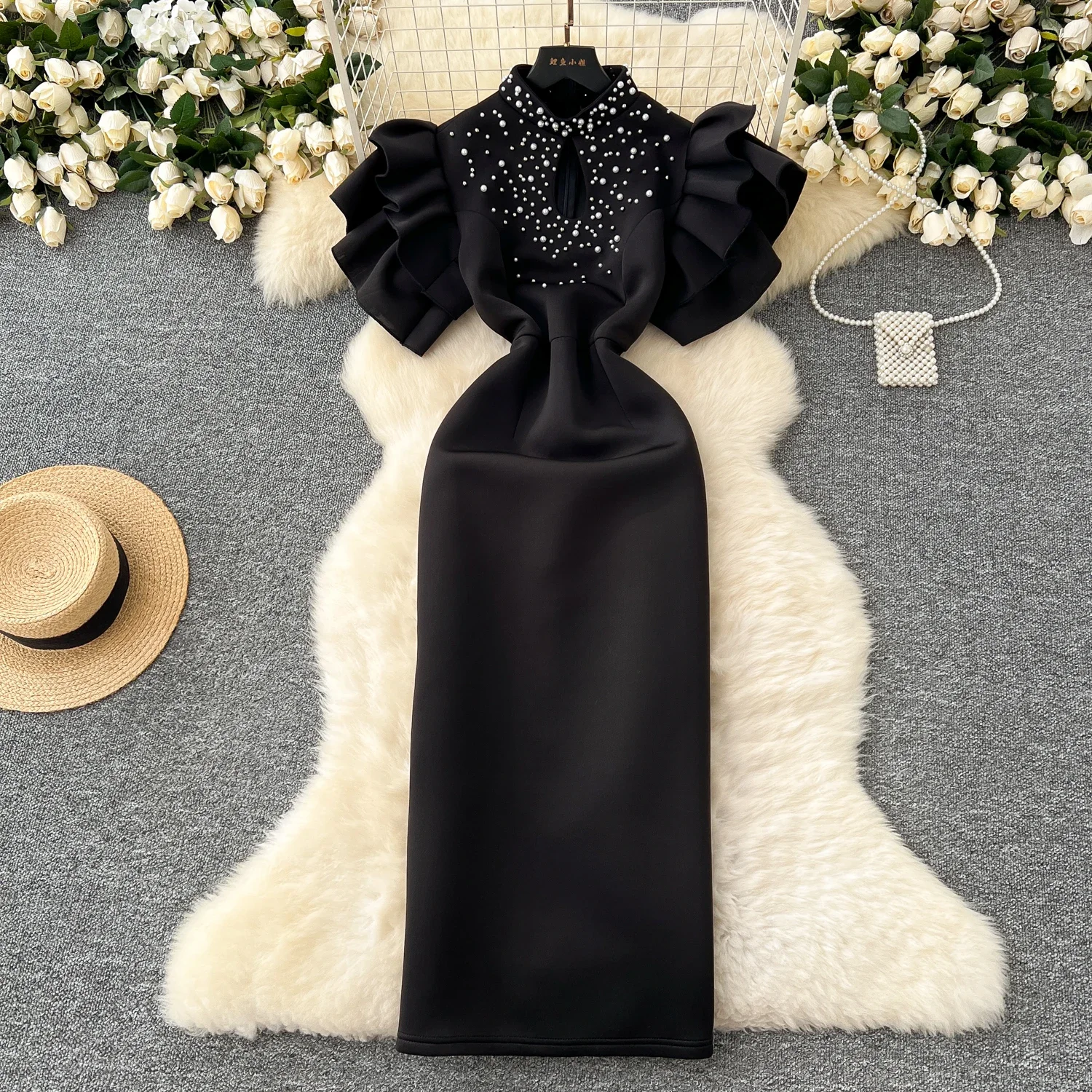 Chic Elegant Hollow Out  Beading Butterfly Sleeve Slim Pencil Dress Vintage Korean Sexy Women Sexy Evening Party Summer Clothing