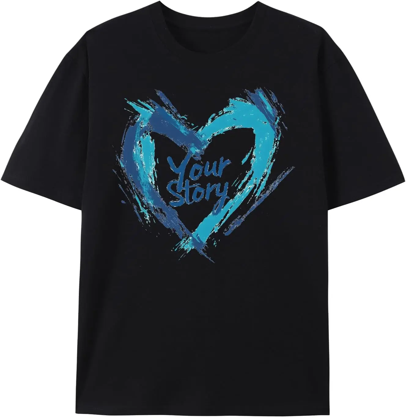 Your Story Heart Graphic Tee - Black Standard Fit T-Shirt with Blue and Turquoise Brush Stroke Design