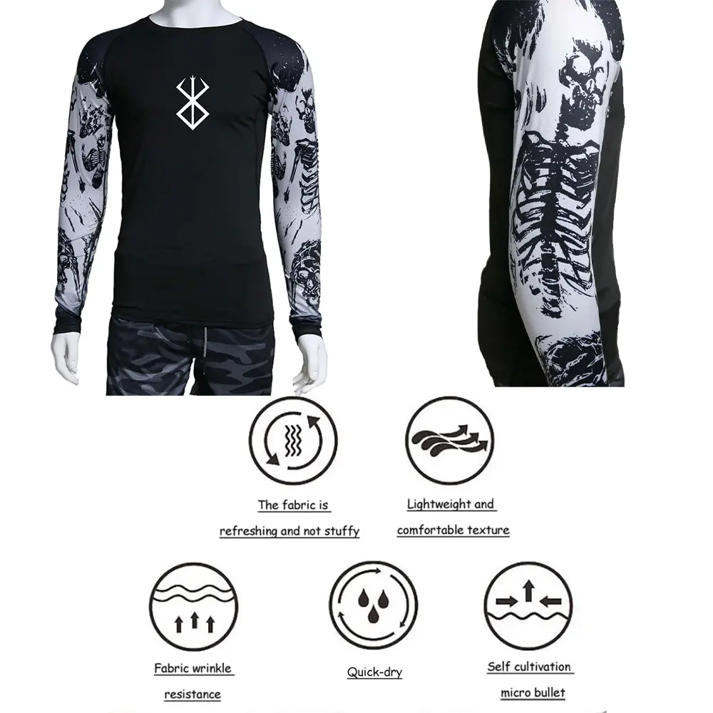 Men\'s Compression Shirt 3D Printed Long Sleeves Quick Drying Breathable Rash Guard Sports Jogging Gym Athletic Fitness Clothing