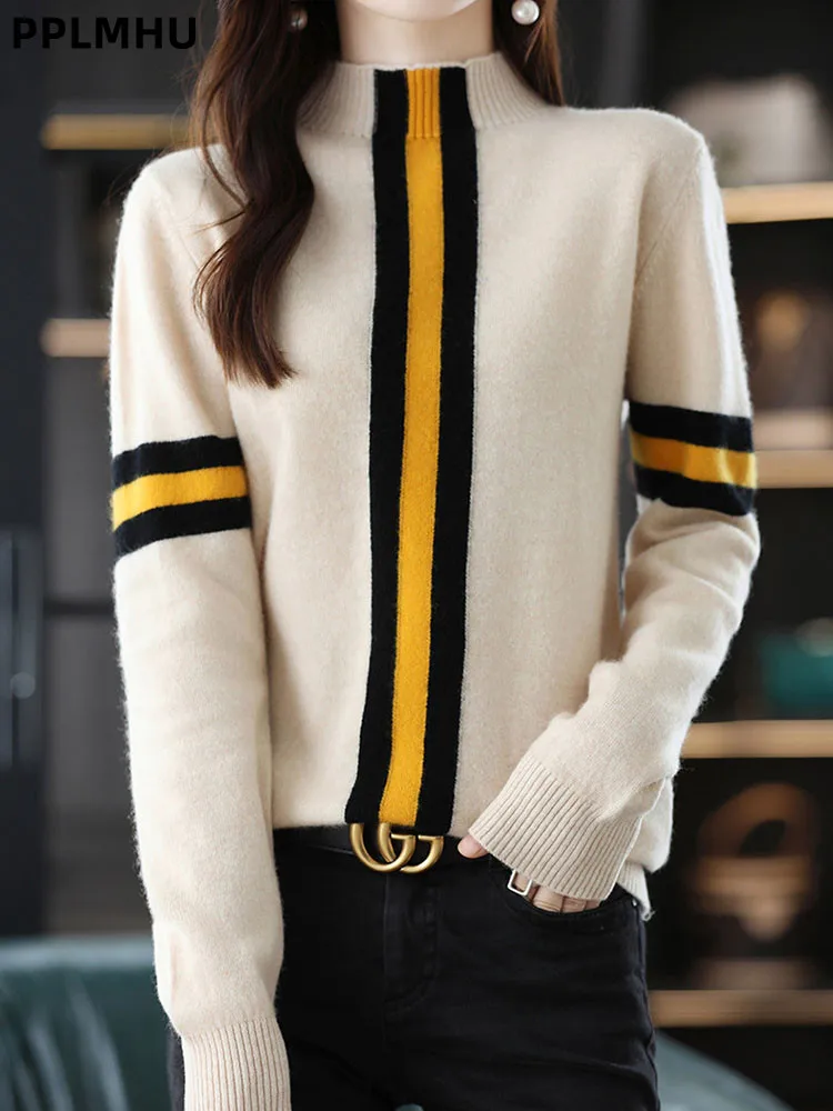 

Half High Collar Stripe Knitted Sweater Women's Casual Fashion Knitwear Pullover Patchwork Bottomed Soft Korean Loose Sueter