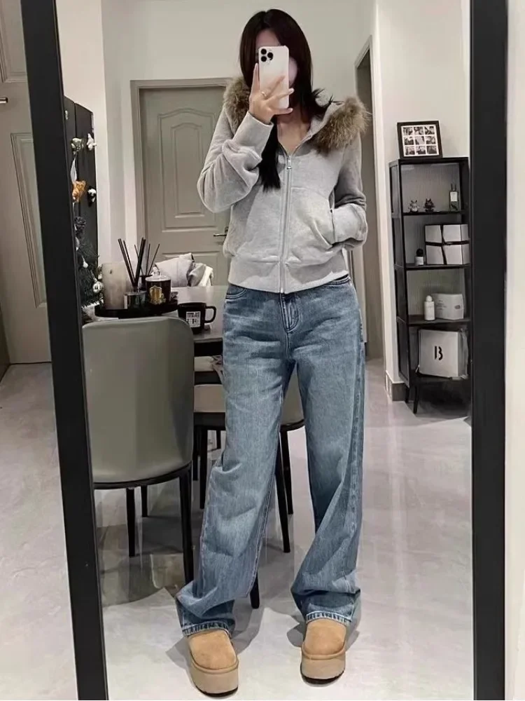 Vintage Fur Patchwork Hooded Grunge Zip Up Hoodies Women Casual All Match Korean Pocket Coats Y2k Aesthetic Grey Sweatshirts