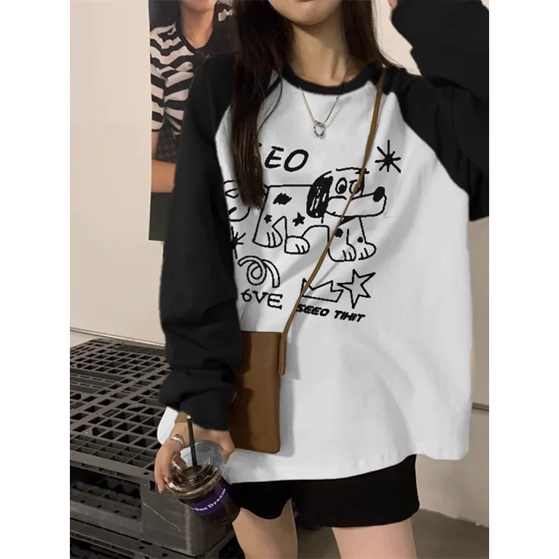Korean Version Loose Cute Printed Women's Long Sleeved T-shirt Fashion Stitching Casual Versatile Round Neck Top