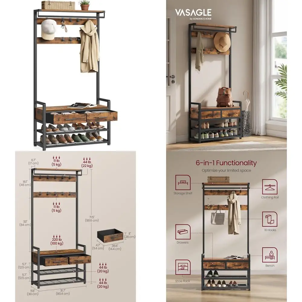 

Скамейка на дереве в прихожей с местом для хранения обуви, вешалка для одежды в прихожей, тканевые ящики, 10 крючков, 11,8x31,7x71 дюймов