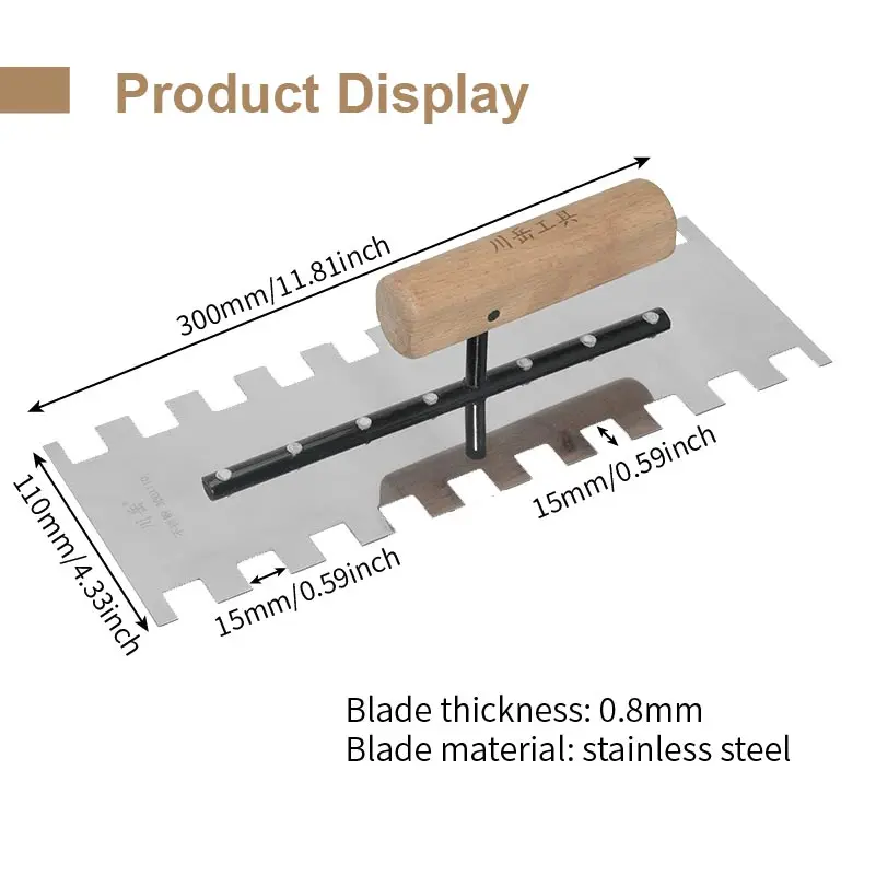

30×11cm Trowel Both Side Square Tooth 15mmx15mm Stainless Steel Spatula Wood Handle For Tiling Cement Flat Trowel Plastering