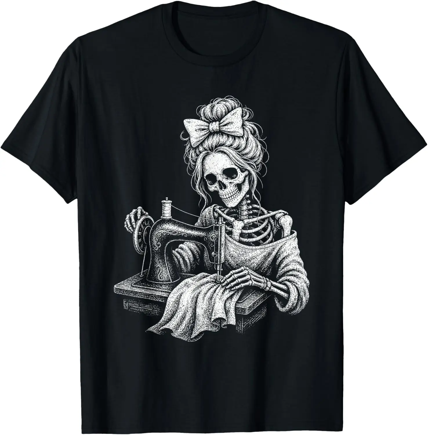 Halloween Skeleton Sewing Machine Quilting Women T-Shirt Men Women Unisex Novelty Graphic T‑Shirt, Classic Crew Neck 100% Cotton Tee, Lightweight Anti‑Pilling Breathable Casual Tops, Year‑Round Daily Outfit, Holiday Birthday Present Tee