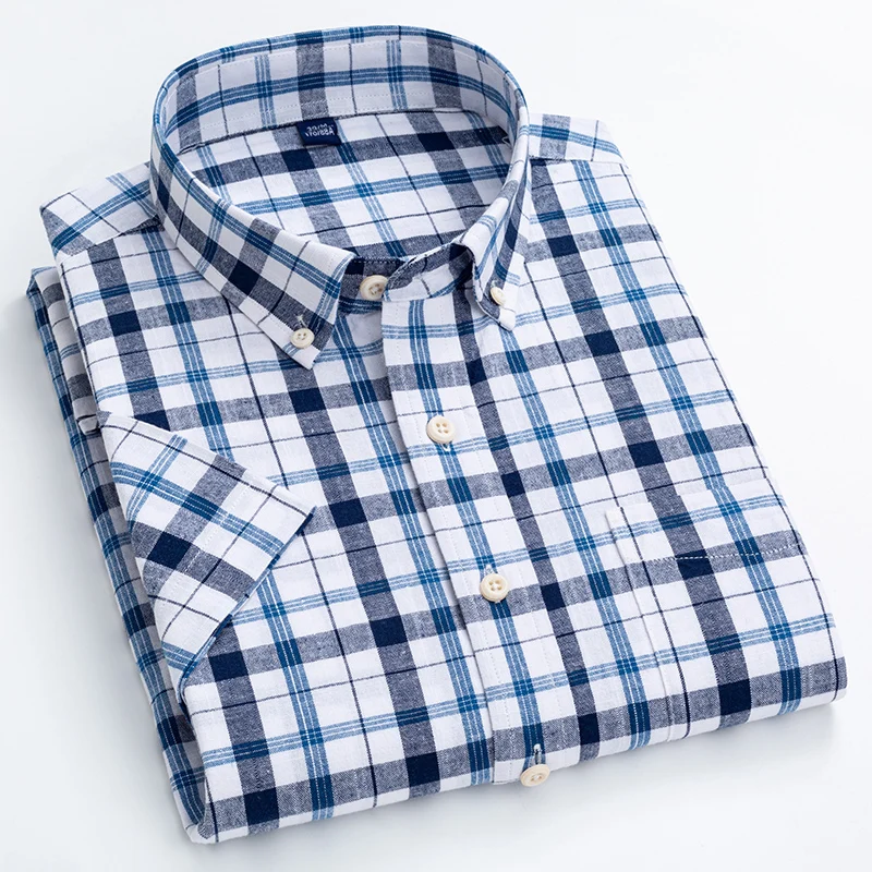 Linen cotton summer plaid short sleeve shirts for man slim fit formal plain shirt casual striped tops designer office clothes