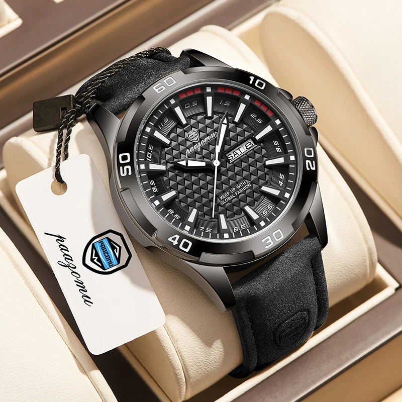 Reloj Deportivo de Cuarzo Paagomu para Hombre, Resistente y Económico, con Esfera Negra, Correa de Gamuza, Fecha y Día, Manecillas Luminosas, para Uso Diario en Exteriores
