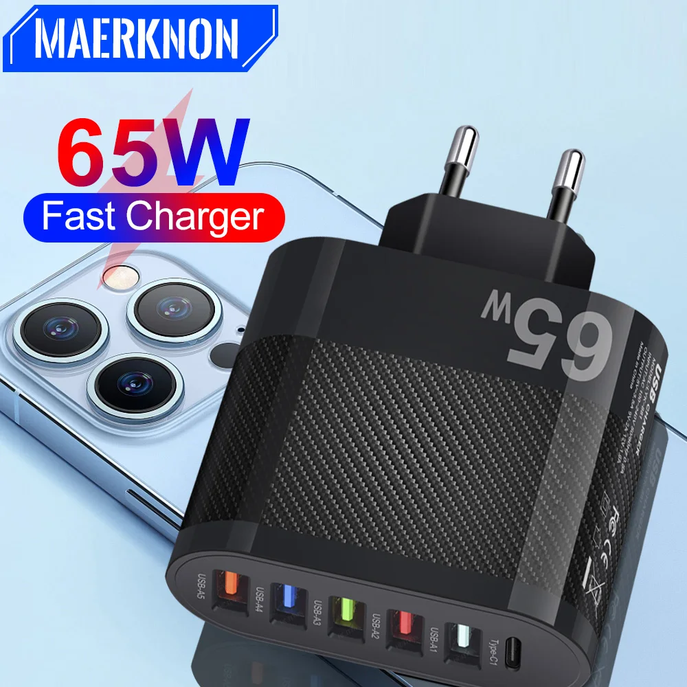 

65W 6 Ports Fast Charger Quick Charge 3.0 Adapter PD Type C Wall Chargers For iPhone 14 13 Pro Xiaomi Samsung USB Phone Charger