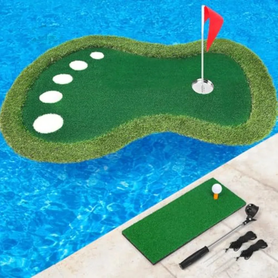 

Floating golf green for pool use made of durable PVC material in green color features non-drifting design and built-in ball ret