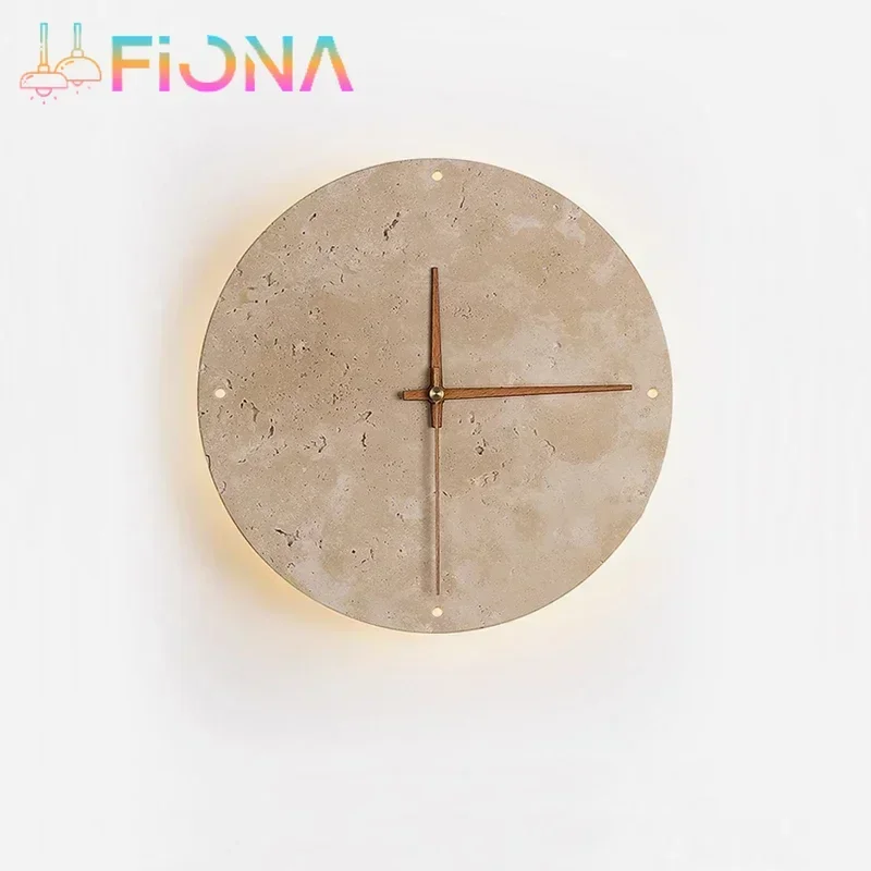 

Marble Clock Wall Light Creative Wabi Sabi Yellow Living Room Nordic Restaurant Corridor Circular Travertine Decor Sconce Lamp