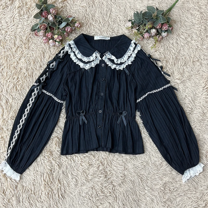 Japanese Kawaii Lolita Blouse Women Bow Lace Peter Pan Collar Vintage Shirts Tops Female Pink Slim Blouses Korean Style Clothing