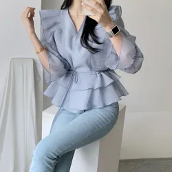 JSXDHK Fashion Chic Korean Women V Neck Shirt 2024 New Spring Summer Ruffles Blue Lace Up Flare Sleeve Office Ladies Blouse Tops
