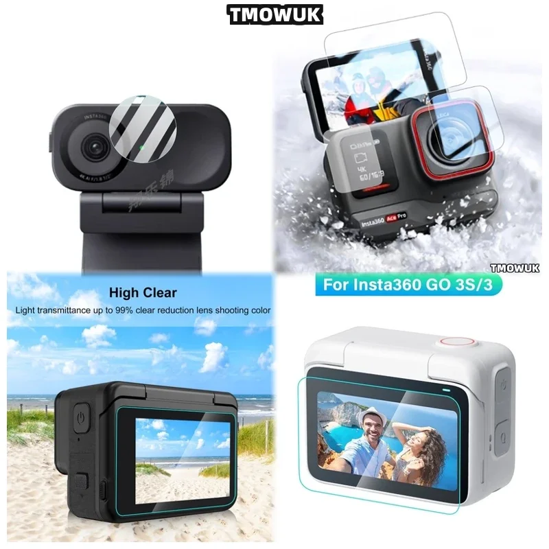 

For Insta360 GO3S Action Camera For One RS Link 2 Link 2C GO 3 3s ACE Pro AcePro 2, TPU Soft Lens Film Cover + Hard Tempered Gla