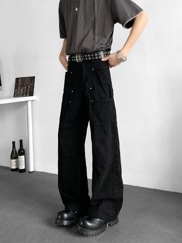 

Мужские джинсы прямого кроя в американском стиле High Street Vibe, большие размеры, черные, рабочие брюки, модные повседневные брюки от трендового бренда