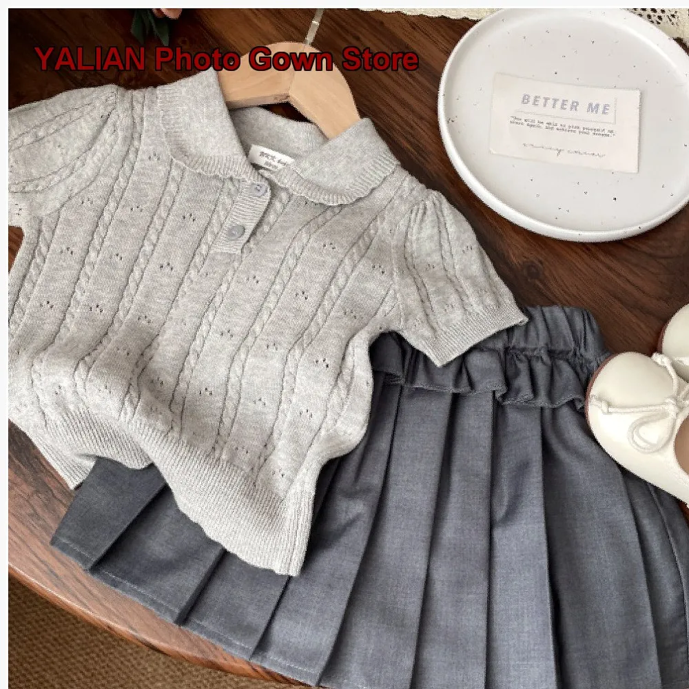 Girls Doll Collar Cable Knit Short Sleeve T-Shirt Pure Cotton Miu Style Hollow Out Kids Short Sleeves Spring Summer