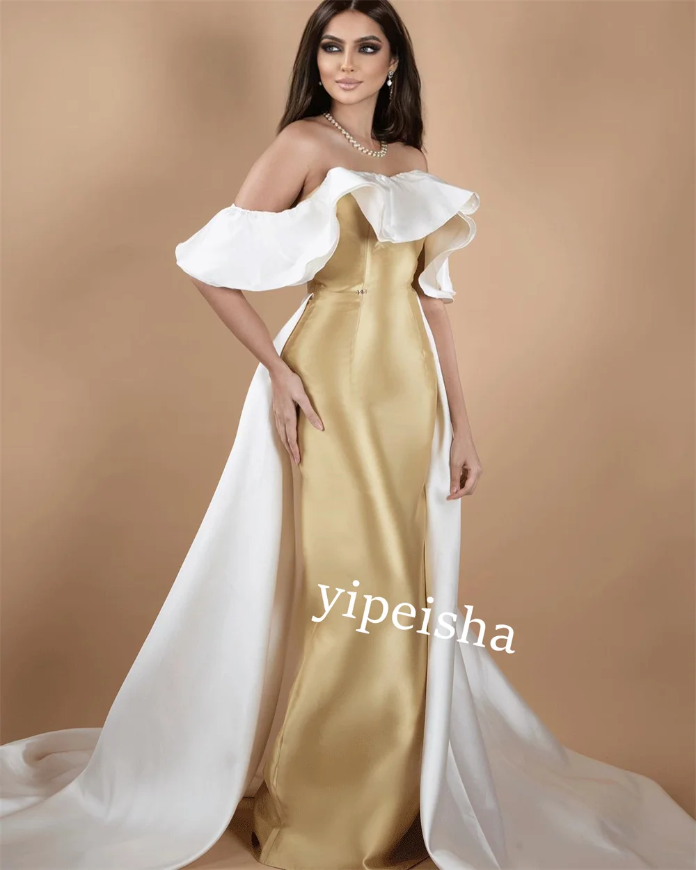 Jiayigong-Vestido largo de satén con volantes para mujer, traje con hombros descubiertos, estilo columna, a medida, Arabia Saudita