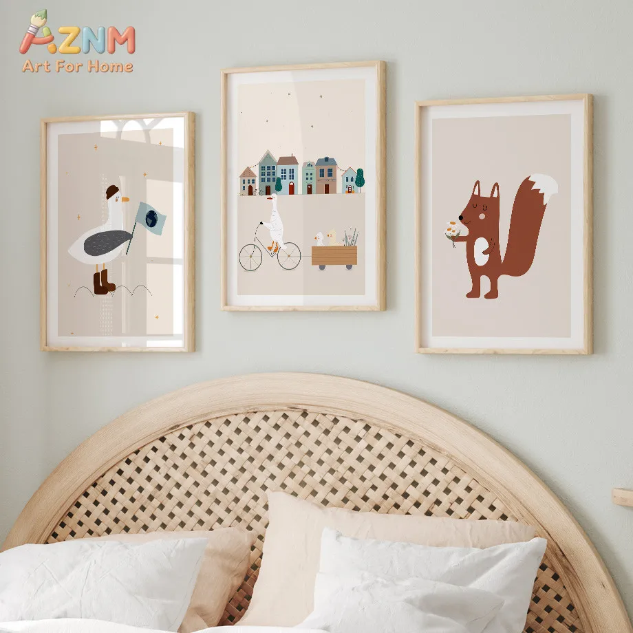 AZNM Boho Cartoon Travel Van Canvas Wall Art Cute Fox Llama Goose Bee Daisy Floral Neutral Pastel Print Unframed Canvas Kids Nur - view 2